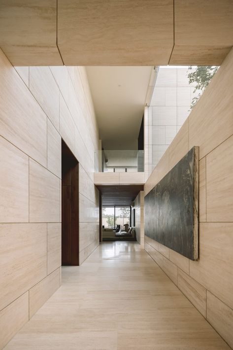 Travertine walls enclose Casa ZTG in Guadalajara by 1540 Arquitectura Mexican Architecture, Stone Wall Design, Corridor Design, Travertine Floors, Rammed Earth, Brick Home, Architecture Studio, Ground Floor Plan, Interior Garden