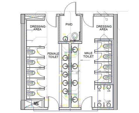 Public Toilet Plan With Sanitary Layout Plan - Cadbull Public Restroom Floor Plan, Floor Plan Public Toilet, Best Public Toilet Design, Public Bathroom Floor Plan, Toilet Plumbing Layout Plan, Public Toilets Design, Public Restroom Plan, Public Wc Plan, Public Toilet Design Architecture