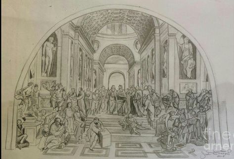 The School of Athens, "Homage to Raphael" Graphite on Paper School Of Athens Tattoo, M Wallpaper Letter Aesthetic, The School Of Athens, Loki Tattoo, Raphael Sanzio, Letter Aesthetic, School Of Athens, Wallpaper Letter, Engraving Tattoo