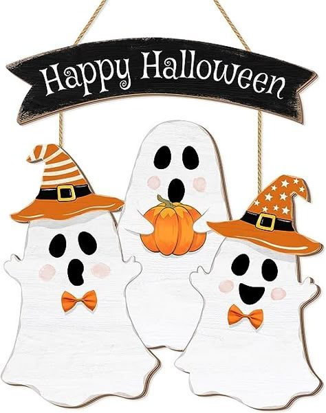 Boo Decorations, Buffet Halloween, Décoration Table Halloween, Wooden Ghost, Ghost Door, Yard Wall, Sign For Front Door, Table Halloween, Front Door Hanger