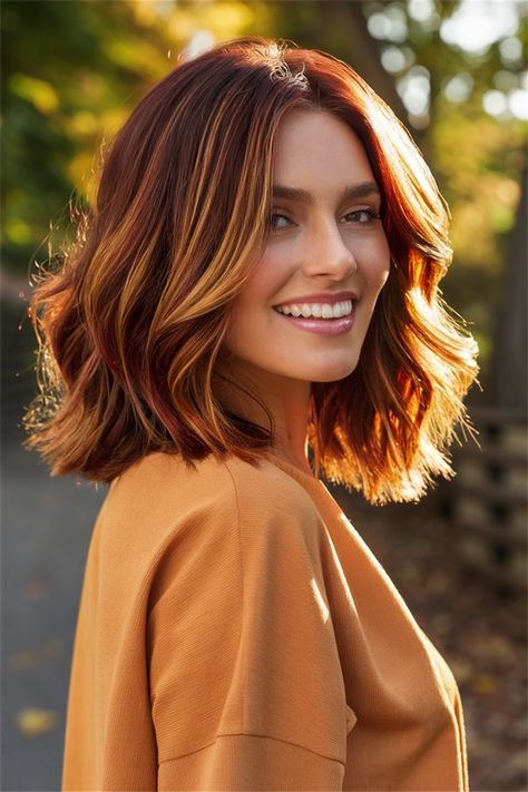 Fall is the perfect time to refresh your look with gorgeous balayage hair! This technique beautifully blends colors that can complement any length, whether you have long, medium, or shoulder-length hair. Imagine soft caramel highlights over rich brunette locks or subtle low lights adding depth to a chic bob. From stunning ombre effects to the trendy money piece highlights, balayage offers a low-maintenance way to enhance your natural beauty. #BalayageHair #FallHair #HairInspo #HairGoals Long Bob Copper Hair, Red Head Bob, Medium Length Fall Hair Color, Copper Balayage Bob, Red Hair Long Bob, Shoulder Length Copper Hair, Soft Caramel Highlights, Fall Ombre Hair, Fall Bob