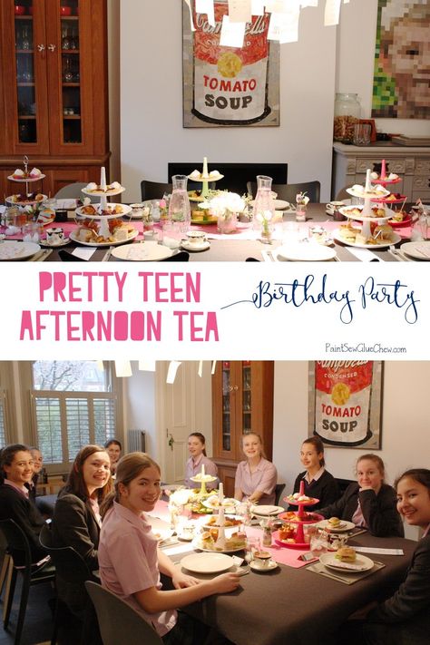 Teen Afternoon Tea Birthday Party  Our afternoon tea was a huge hit with my daughter and her friends.  Get the low down on recipes, menu, decorations, and some cute special touches over on the blog.    This was a huge success as a teen party - younger kids would be sure to love it too. Party Food For Teenagers, Afternoon Tea Birthday Party, Afternoon Tea Party Food, Sweet 16 Tea Party, Afternoon Tea Birthday, Tea Party Activities, Afternoon Tea At Home, Tea Party Menu, Diy Tea Party