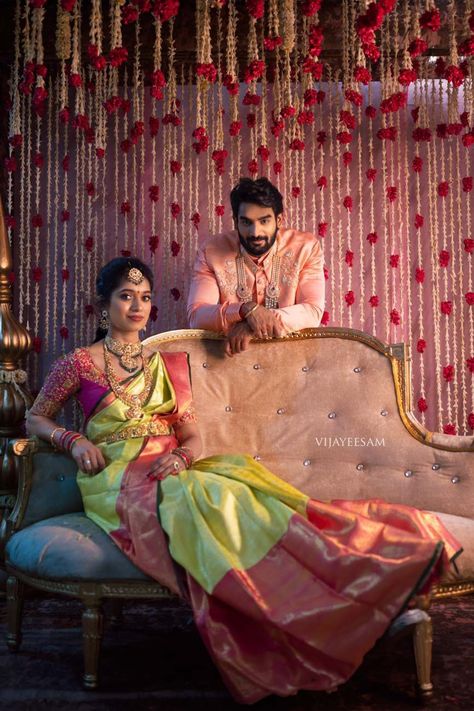 Engagement Stills Indian, Green Pattu Saree, Engagement Stills, Peach Suit, Engagement Portraits Poses, Marriage Poses, Indian Wedding Pictures, Portraits Poses, Indian Wedding Poses