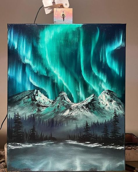 Art About Light, The Northern Lights Painting, Bob Ross Northern Lights, Northern Lights Abstract Painting, Acrylic Painting Aurora Borealis, Mountain Northern Lights Painting, Northern Lights Mountains Painting, Paint The Northern Lights, Northen Light Painting