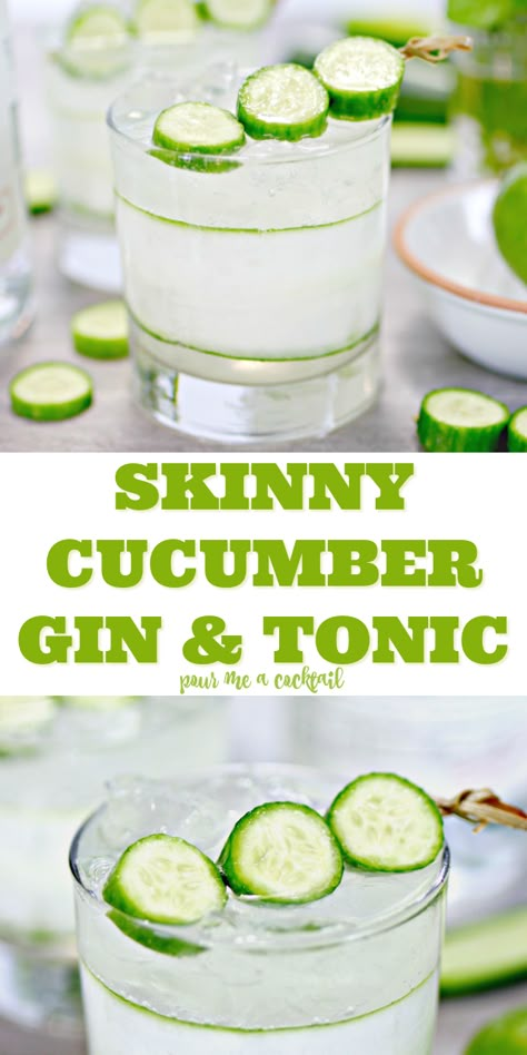 If you are looking for a super fresh summer drink, look no further than this refreshing Skinny Cucumber Gin and Tonic Cocktail! This twist on the classic gin and tonic has a spa like touch and is completely guilt free...you'll definitely want to sip these by the pool! #ginandtonic #cucumber #cucumberginandtonic #skinnycocktail #skinnydrink #lowcarbcocktailrecipe #cocktail #cocktailrecipe Fresh Drinks Summer, Tonic Cocktails, Tonic Recipe, Gin Recipes, Low Carb Drinks, Gin Cocktail Recipes, Delicious Drink Recipes, Mixed Drinks Recipes, Jello Shots