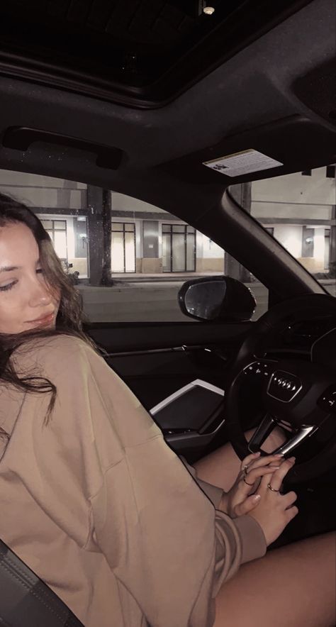 Brunette sitting and smiling in black interior car in the driver seat Audi Aesthetic Girl, Car Photoshoot Instagram, Audi Aesthetic, Audi Girl, Audi Wallpaper, Rs5 Coupe, Audi Interior, Car Aesthetics, Expensive Car