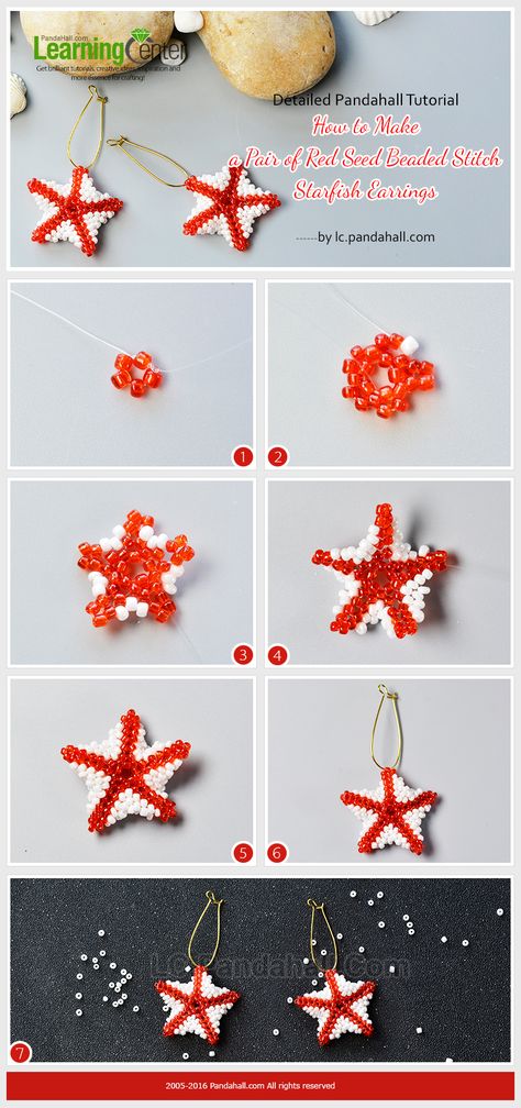 Detailed Pandahall Tutorial - How to Make a Pair of Red Seed Beaded Stitch Starfish Earrings from LC.Pandahall.com Seed Bead Jellyfish Pattern, Beaded Starfish Pattern, Beaded Stitch, Beaded Critters, Amazing Earrings, Beaded Starfish, Beaded Jewelry Pattern, Beaded Star, Seed Bead Flowers