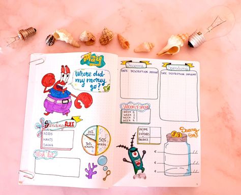 Bullet journal mr krabs plancton spongebob theme monthly budget tracker / planner Spongebob Bullet Journal, Journal Ideas Monthly, Monthly Budget Tracker, 2024 Journal, Agenda Ideas, Bullet Journal Work, Mr Krabs, Bullet Journal Ideas, Budget Tracker