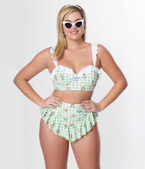 Unique Swimsuits, Dresses 50s, Plus Size Tankini, High Waisted Bottoms, Vintage Swim, Vintage Dresses 50s, Green Gingham, High Waisted Swim, Swimwear Bottoms