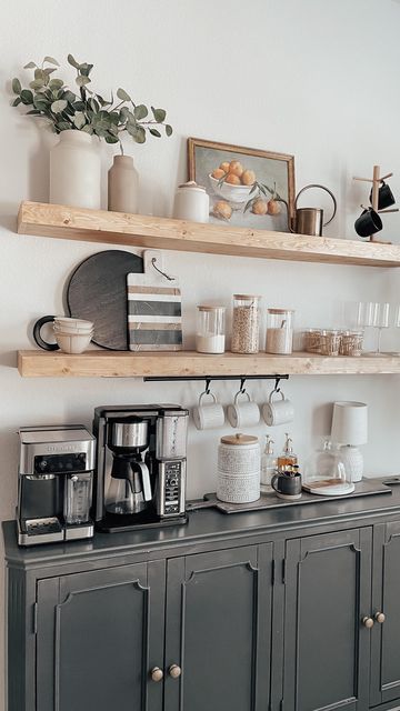 Coffee Bar White Cabinets, Kitchen Nook Shelving Ideas, Chair Rail In Kitchen, Coffee Bar Asthetic Picture, Styling A Buffet In Kitchen, Styling Coffee Bar Shelves, Coffee Bar Shelf Decor Ideas, Bar Space In Kitchen, Kitchen Open Shelving Coffee Bar