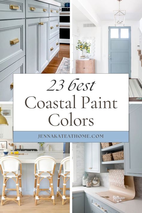 These coastal paint colors are perfect for your living room, bedroom, or bathroom. With popular shades from Sherwin Williams and Benjamin Moore, this coastal paint palette includes soft blue gray shades and the best coastal paint colors. Great paint colors for a coastal home to bring a fresh, calm look with coastal paint. Popular Blue Gray Paint Colors, Best Coastal Paint Colors, Soft Blue Paint Colors, Benjamin Moore Paint Colors Blue, Neutral Beach House, Coastal Paint Palette, Coastal Blue Paint, Blue Bedroom Paint, Best Blue Paint Colors