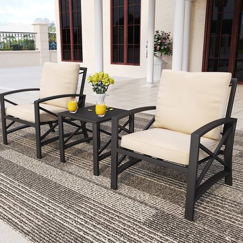 Winston Porter Brisaida Metal 2 - Person Seating Group with Cushions & Reviews | Wayfair Front Porch Seating, Bistro Set Outdoor, Black Outdoor Furniture, Metal Outdoor Furniture, Metal Patio Furniture, Outdoor Conversation Sets, Conversation Set Patio, Bistro Set, Patio Set