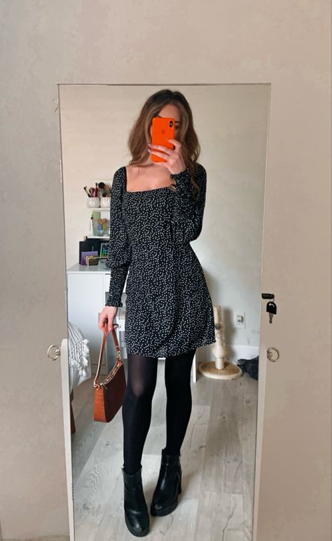 Summer 2022- Pinterest outfit inspo Black Tights Black Boots, Dress With Black Tights, Dresses With Black Tights, Ootd Fall, Brown Leather Bag, Boots Brown, Xmas Party, Brown Leather Boots, Outfit Inspo Fall