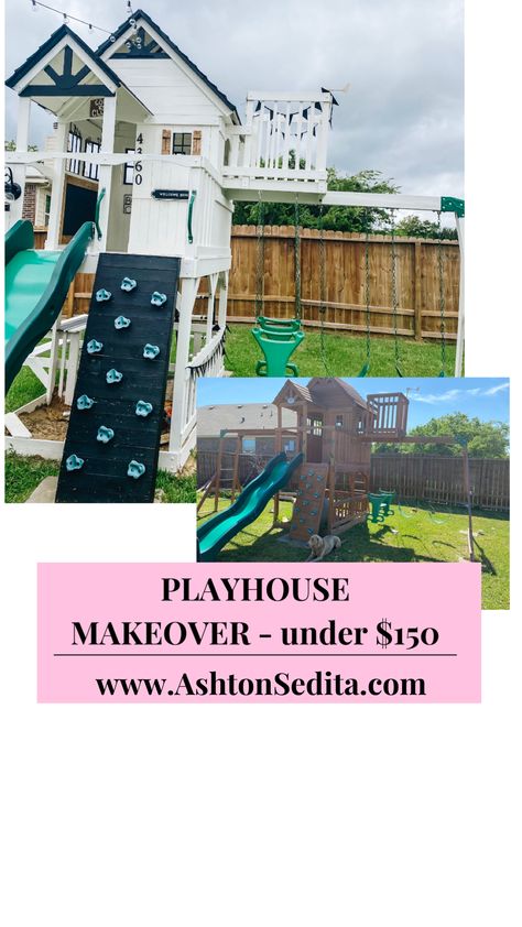 Modern Farmhouse Swing set Makeover-Under $150 – Ashton Sedita Playset Makeover, Diy Playset, I Want To Be Beautiful, Playhouse Makeover, Backyard Playset, Diy Playhouse, Wooden Playset, Playhouse Outdoor, Playset Outdoor