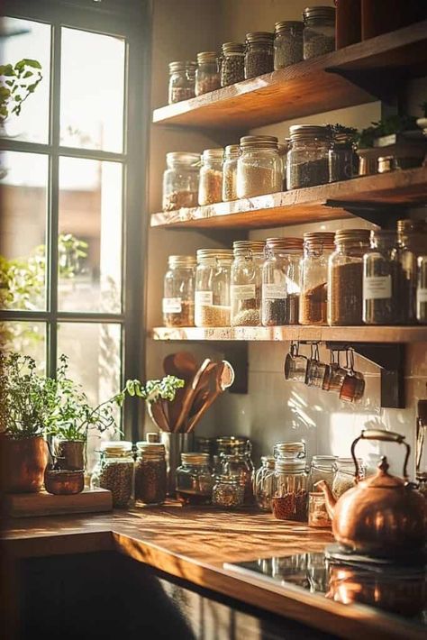 Apothecary Cabinet Kitchen, Apothecary Kitchen, Earthy Kitchen, Complete Kitchen Remodel, Tea Cabinet, Sewing Room Design, Kitchen Stand, Rustic Shelves, Wooden Cabinets