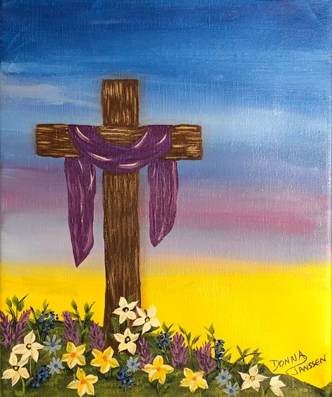 Three Crosses Painting Easy, Godly Canvas Painting, Painting Of The Cross, Cross Paintings On Canvas Acrylics, Christian Paint And Sip Ideas, Easy Christian Canvas Art, Easy Cross Painting, Cross Painting Ideas On Canvas, Christian Easter Paintings