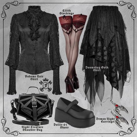 🌹🖤 Embrace the Romance with our Boheme Noir Romantic Goth Set! 🖤🌹 Fall in love with the dark elegance of this stunning outfit: 👚 Boheme Noir Shirt: Victorian-inspired, perfect for your gothic romance. 🖤 Doomsday Goth Skirt: Flowing layers of lace for an ethereal touch. 🦇 Night Creature Shoulder Bag: Carry your essentials with gothic flair. 👠 DOLLIE-01 Platform Shoes: Step up your style with these classic platforms. 🔮 Demon Night Red Drop Earrings: Add a pop of red to your dark ensemble. 🌹 Li... Goth Skirt, Dark Elegance, Pop Of Red, Gothic Romance, Romantic Goth, Victorian Goth, Dark Romantic, Creatures Of The Night, Stunning Outfits