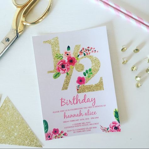 Baby Girl Half Birthday Ideas, Half Birthday Ideas For Girls 6 Months Decorations, Valentines Half Birthday Girl, Half Birthday Ideas For Girls 6 Months, Baby Half Birthday, Half Birthday Invitation, Half Birthday Party, Baby Girl Invitations, Half Birthday