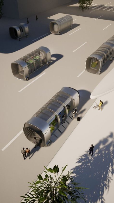 self-driving ‘bubblic’ public transport can shuttle mobile smart farms, deliveries or commuters Transportation Architecture, Public Transportation, Modular Bus Stop, Public Transportation Design, Public Transport Architecture, Future Public Transport, Multimodal Transport Hub, Transport Hub, Smart Farm