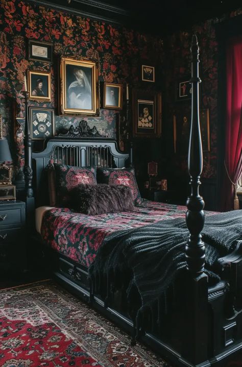 21 Unique 90s Whimsy Goth Bedroom Ideas You Should See - Drop By My Home Goth Bedroom Ideas, Maximalist Bedroom Ideas, Modern Vintage Bedrooms, Dark Bedrooms, Academia Bedroom, Maximalist Bedroom, Dark Rooms, Moody Colors, Goth Bedroom