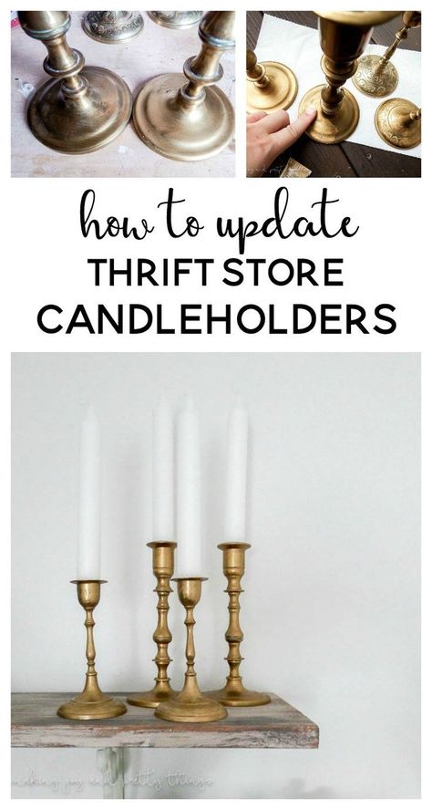 Upcycling Candle Holders, Brass Candlesticks Decor, Diy Candleholder, Candlestick Makeover, Candle Holder Makeover, Spring Candle Holders, Thrifted Christmas, Brass Candle Sticks, Thrift Board