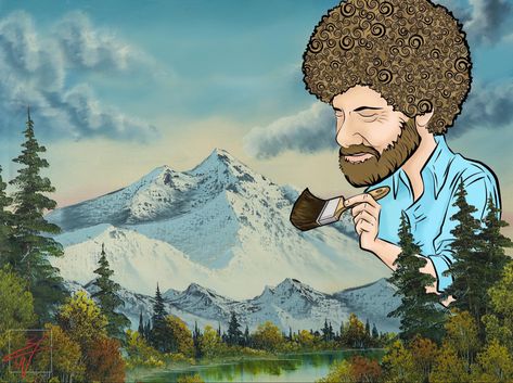 Decided to use my style for my tribute illustrations to make legendary artist Bob Ross. This time with the twist of him inside his painting turning it into the world he sees. Bob Ross Christmas, Bob Ross Wallpaper Aesthetic, Bob Ross Illustration, Happy Trees Bob Ross, The Joy Of Painting Bob Ross, Board Wallpaper, Smart Board, Bob Ross, Art Aesthetic