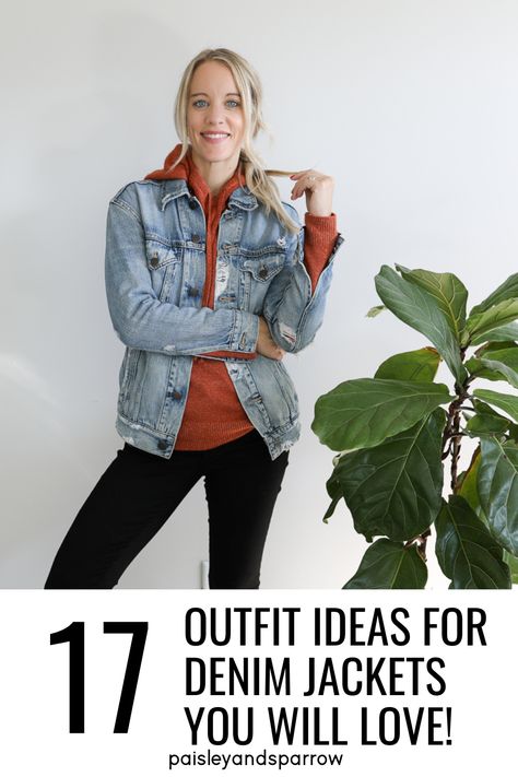 17 denim jacket outfit ideas you will love! Wondering how to wear a denim jacket? Get tips and outfits, as well as finding the best kind of versatile jackets. Plaid And Jean Jacket Outfit, Sweatshirt Denim Jacket Outfit, Fall Jean Jacket Outfits Women, Jean Jacket Outfits With Boots, Casual Jean Jacket Outfits Fall, Sweatshirt And Jean Jacket, Jean Jacket With Sweatshirt, Boxy Denim Jacket Outfit, Women’s Denim Jacket Outfit