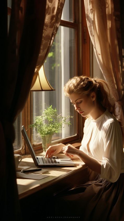 Woman On Laptop Aesthetic, Book Writer Aesthetic Laptop, Home Maker Aesthetic, Woman Writing Aesthetic, Miss Independent Aesthetic, Writer Moodboard, Laptop Table Ideas, Writing Aesthetic Laptop, Woman Writing