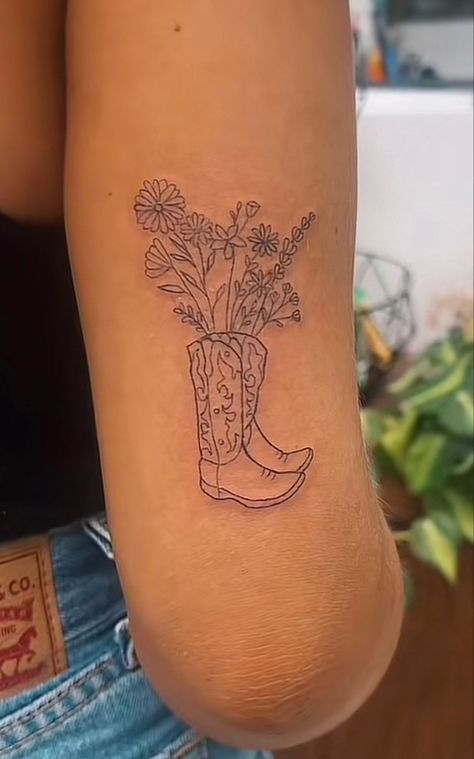 Meaningful Western Tattoos For Women, Western Lightning Bolt Tattoo, Flower Boot Tattoo, Boot Stitch Tattoo, Cute Hip Tattoos For Women, Cowboy Boot Flowers Tattoo, Rain Boots Tattoo, Cowgirl Up Tattoo, Kelsea Ballerini Tattoo