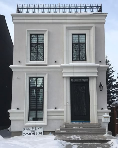 Tuscan Stoneworx Canada | Classic French Facade in a Winter Sleep • Design by @designtwogroup • Honed Cashmere White • Window & Door Casings & Cornices •… | Instagram French Facade, Modern Window Design, Cottage House Designs, New Classical Architecture, Neoclassical House, Cornice Design, Modern Villa Design, White Window, Architectural Design House Plans