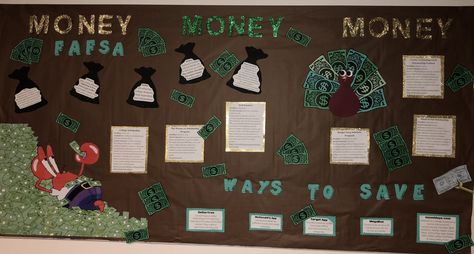 Residential Assistant bulletin board for financial aid and ways to save money in college with spongebob and thanksgiving features Financial Aid Bulletin Board Ideas, Money Bulletin Board Ideas, Fafsa Bulletin Board Ideas, Financial Aid Bulletin Board, Spongebob School, Spongebob Theme, College Bulletin Boards, Bullentin Boards, Ra Boards