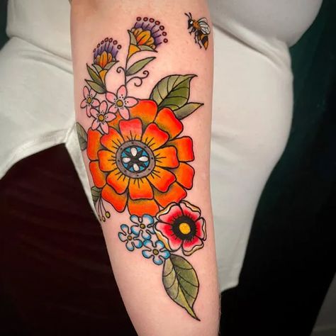 Cosmos Tattoo Flower: A stunning tattoo of the cosmos flower, representing beauty, love, and harmony in the universe. #CosmosTattoo #FlowerPower Cosmos Flower Tattoo Traditional, Cosmos Tattoo Flower, Cosmo Tattoo Flower, October Tattoos, Cosmo Tattoo, October Flower Tattoo, October Birth Flower Tattoo, Birth Flower Tattoo Ideas, Cosmos Tattoo