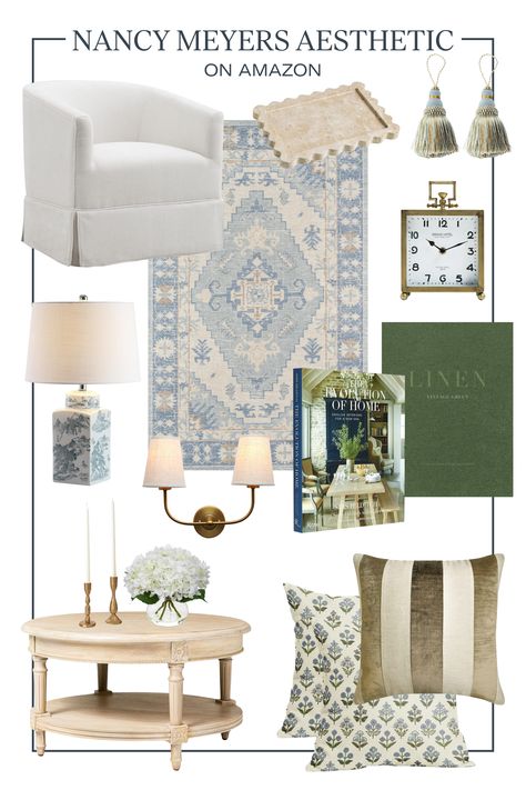 Shop our favorite Amazon home finds inspired by the classic Nancy Meyers movie style! We love her movies, and pull a lot of interior inspiration from the films. These home decor finds, curated by our interior design team, will bring Nancy Meyers to your home!

Coastal Grandmother, Blue and White, Classic Home Style, Home Decor, Home Design, Grandmillenial, Traditional Style, Cozy Home Nancy Meyers Home Decor, Nancy Meyers Dining Room, Nancy Meyers Interiors Living Rooms, Nancy Myers Homes Aesthetic, Nancy Meyers Living Room, Nancy Meyers Interiors, Nancy Meyers Aesthetic, Nancy Meyers Movies, Grandmillenial Style