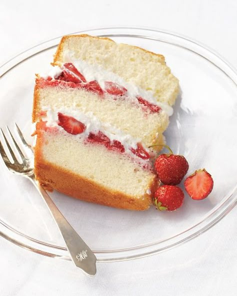 Chiffon Cake with Strawberries and Cream - Martha Stewart Recipes Strawberry Chiffon Cake, Cakes By Mk, Strawberries And Cream Recipe, Strawberry Chiffon, Cake With Strawberries, Spring Recipes Dessert, A Slice Of Cake, Slice Of Cake, Layer Cake Recipes