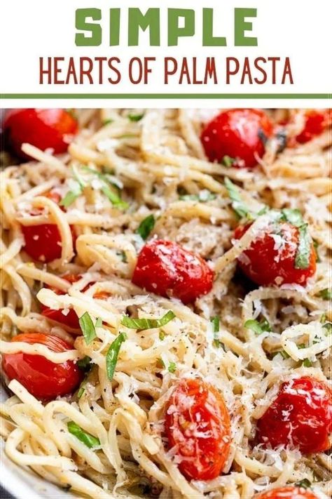 Simple Hearts of Palm Pasta is made with hearts of palm noodles, instead of traditional pasta. A grain-free, low-carb and keto-approved recipe that is super easy to make with minimal ingredients. Make this healthy vegetarian (or vegan) recipe in less than 20 minutes! For this recipe, you will only need palm pasta, olive oil, garlic, cherry tomatoes, and an optional sprinkle of grated Parmesan and fresh basil. Palm pasta is a lower-carb, gluten-free, veggie alternative to traditional noodles. Palm Heart Pasta Recipes, Heart Of Palm Noodles, Trader Joes Hearts Of Palm Pasta, Palm Heart Noodles, Trader Joe’s Hearts Of Palm Pasta, How To Cook Palmini Noodles, Palmini Linguine Recipes, Trader Joe’s Hearts Of Palm Pasta Recipes, Recipes With Palmini Noodles