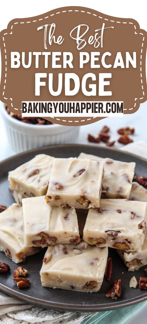 Butter Pecan Fudge, this creamy, sweet, and buttery fudge sprinkled with the perfect texture and taste of toasted pecans is easy to make! Butter Pecan Fudge 12 Tomatoes, Pecan Fudge Recipes, White Chocolate Caramel Pecan Fudge, Tiger Butter Fudge Recipe, Butter Pecan Fudge, Butter Pecan Fudge Recipe, Penuche Fudge, Sweet Easy Recipes, Pecan Fudge