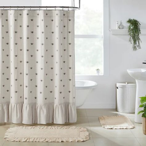 Emb Bee Shower - Allysons Place Country Baths, Ruffle Shower Curtains, Embroidered Bee, Farmhouse Shower Curtain, Farmhouse Shower, Vhc Brands, Cotton Shower Curtain, Bee Embroidery, Shower Hooks