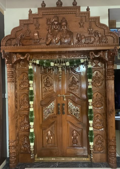 Devghar Design, Tulasi Plant, Corian Temple, Temple Door, Pooja Door, Pooja Unit, Tradition Quotes, Puja Mandir, Pooja Door Design