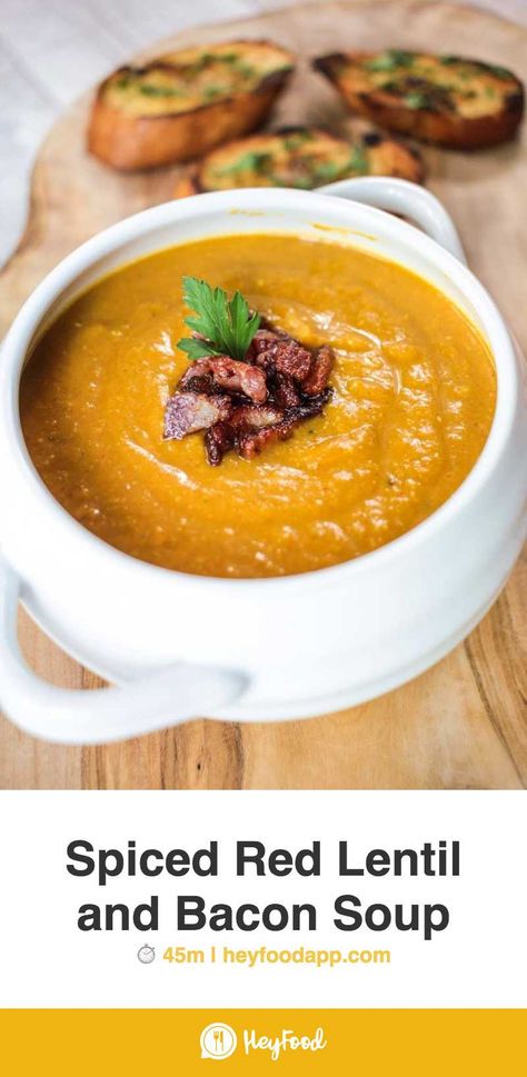 Spiced Red Lentil and Bacon Soup  This spiced red lentil and bacon soup is to DIE FOR! It's the best soup I've ever made so you must give it a go!   #eatstagram #eaterny #eattheworld #mealprepideas #eatingwell #cookery #mealplans #cooked  Recipe credit: Globe Scoffers English Lunch, Lentil And Bacon Soup, Bacon Soup Recipes, Red Lentil Soup Recipe, Soup Maker Recipes, The Best Soup, Spiced Lentils, Best Soup, Bacon Soup