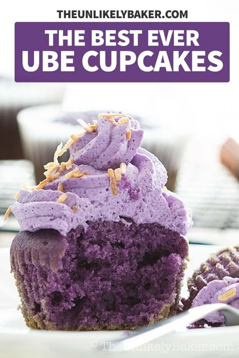 These are the best ube cupcakes ever! Soft, dense and just the right amount of sweet. Topped with ube whipped cream frosting and sprinkled with toasted shredded coconut for the ultimate Filipino treat. Ube Flan Cupcake Recipe, Filipino Cupcakes, Philipino Food Recipe, Ube Cupcakes Moist Recipe, Ube Powder Recipes, Ube Muffins, Ube Desserts Recipes, Ube Potato, Purple Breakfast