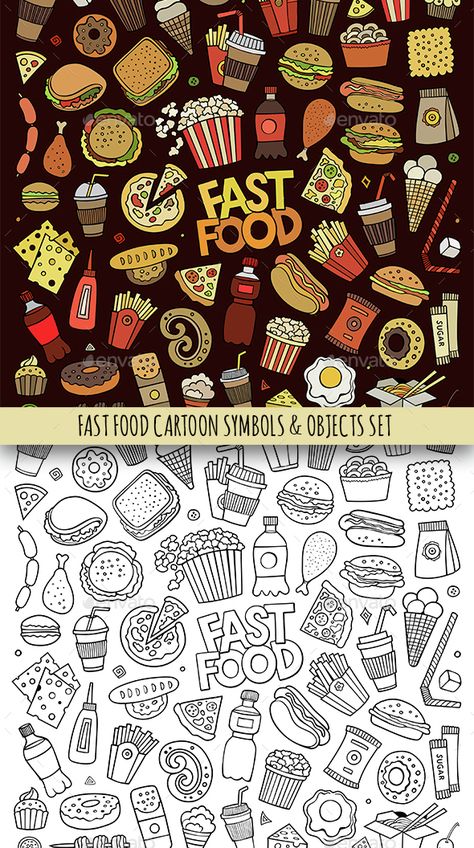 Set of doodle fastfood symbols and elements. Hand drawn on paper and color. Vector illustration ZIP archive contains: 2 editable T3 Vw, Doodle Videos, Food Doodles, Kitchen Logo, Food Cartoon, Food Menu Design, Smitten Kitchen, Cute Food Drawings, Food Backgrounds