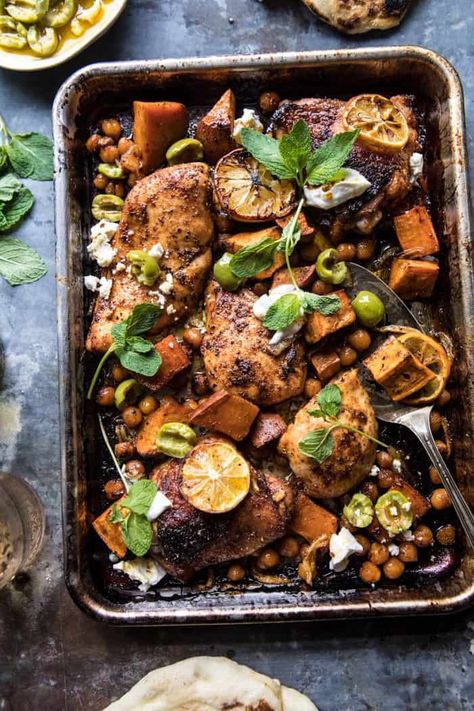 Sheet Pan Harissa Chicken with Chickpeas and Sweet Potatoes: This dish is simple, quick, healthy, so easy, and even more delicious. If you like middle eastern and Moroccan flavors, you'll love this chicken! @halfbakedharvest.com Half Baked Harvest Chicken, Mediterranean Diet Chicken, Chicken Sweet Potatoes, Mediterranean Diet Snacks, Harissa Chicken, Roasted Chicken Breast, Mediterranean Chicken, Chicken Sweet Potato, Half Baked