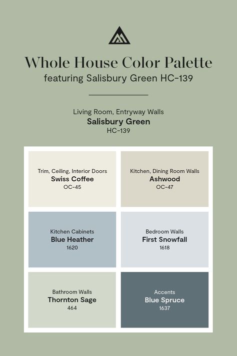 Bring the outdoors in with a nature-forward whole house color palette built around Benjamin Moore's Salisbury Green HC-139, a muted blue-green with prominent gray tones. Get started with color samples now online or at your locally owned store. Sage And Blue Palette, Benjamin Moore Wythe Blue Coordinating Colors, Blue And Green Coordinating Paint Colors, Waterbury Green Benjamin Moore, Sage Green House Color Palette, Whole House Color Palette Green, Blue Green Paint Palette, Blue Green Home Color Scheme, Sage And Gray Color Palette