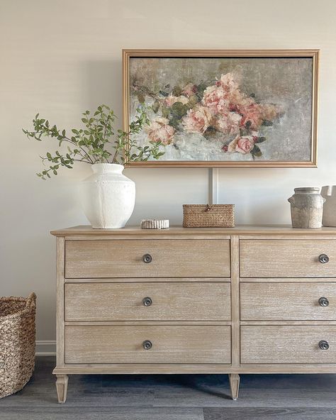 Happy Friday friends!! It has been the longest week ever, how was your week? Here’s some stills of my bedroom refresh that I’m loving 😍 Comment SHOP and I’ll send you links 🫶🏼 —————— #frametv #diyframetv #diyskinnybench #antiquebench #affordablehomedecor #organicmoderndecor #homeswithpurpose #cozyhome #homedecorgoals #makeyourhouseahome #neutralhome #homedecorinspo #homedecorideas #bedroomrefresh #boujeeonabudget #organicdecor Dresser Decor With Tv Above, Dresser Decor Bedroom, Pastel Wall Decor, Rustic Dresser, Earthy Decor, Dresser With Tv, Welcome To My House, Bedroom Views, Dresser Decor