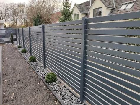 Grey Fence, Palisade Fence, Modern Fence Design, House Fence Design, Privacy Fence Designs, Front Fence, Brick Fence, Horizontal Fence, Back Garden Design