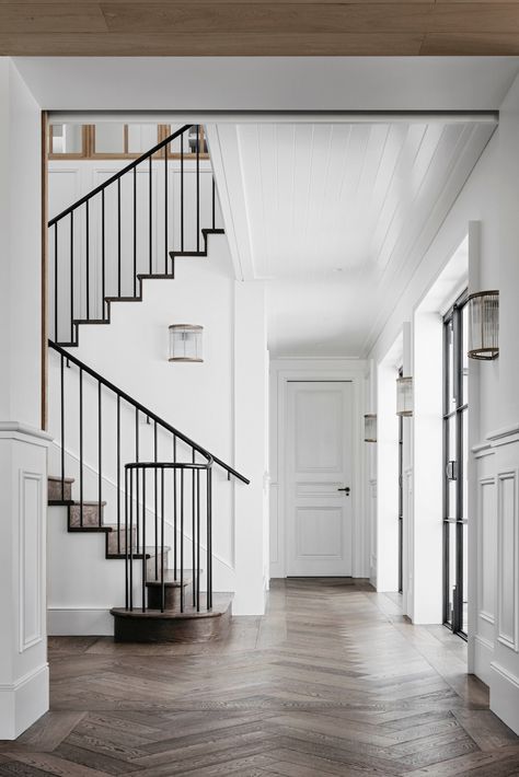 Palm Beach House | RESIDENTIAL | This central stair image perfectly captures our practice's aesthetic of crafting time-honoured and contemporary spaces.⁠ The dark timber parquetry flooring, traditional panelling detail and wrought iron balustrade all celebrate our modernist design roots within a classical context. Living Room Wood Floor, Herringbone Wood Floor, Herringbone Wood, Hardwood Floors Dark, Dark Hardwood, Stone Stairs, Australian Interior Design, Dark Floors, Wood Tile Floors