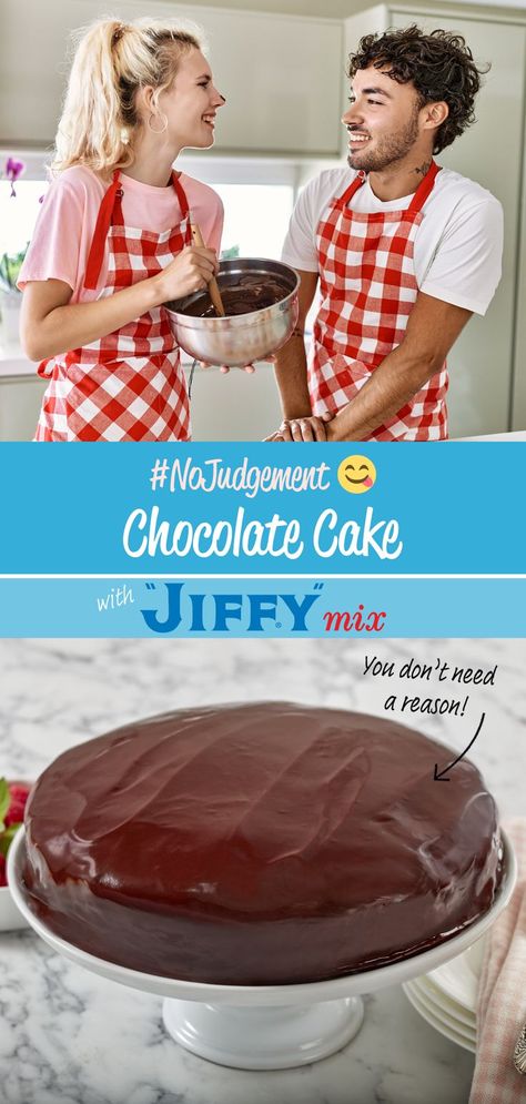 #NoJudgement. You don’t need a reason for Chocolate Cake. 😋

Made with: "JIFFY" Golden Yellow Cake Mix. Homemade Jiffy Baking Mix Recipe, Jiffy Cake Mix Recipes, 7 Layer Cakes, Jiffy Recipes, Chocolate Cake Mix Recipes, Baking Mix Recipes, Jiffy Mix, Microwave Cake, Pot Cakes