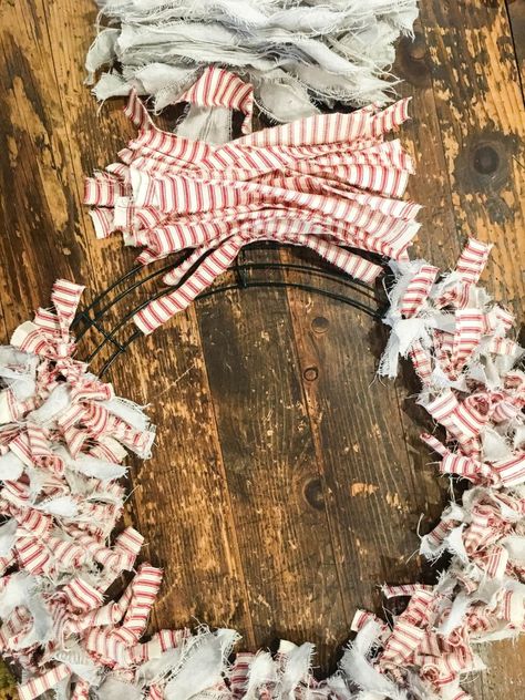 Christmas Rag Wreath Tutorial - Beauty For Ashes No Sew Ideas, Christmas Rag Wreath, Rag Wreath Tutorial, Ticking Stripe Fabric, Fabric Christmas Decorations, Beauty For Ashes, Sew Ideas, Fabric Decoration, Easy Budget