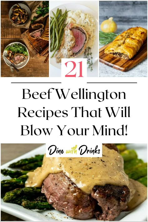 Collage of 4 beef wellington recipes. Beef Wellington Recipe Without Mushrooms, Beef Wellington Sauce Recipe, Sauce For Beef Wellington, Mini Beef Wellington Recipe, Beef Wellington No Mushrooms, Deconstructed Beef Wellington, Mini Beef Wellington With Boursin Cheese, Beef Wellington Recipe Easy, Pork Tenerloin