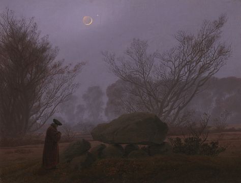 Caspar David Friedrich, "A Walk at Dusk," c. 1830-1835. A German Romantic painter, Friedrich paints a haunting, misty scene of a lone man walking past a megalithic tomb. Casper David, Snowy Evening, David Friedrich, Caspar David Friedrich, Getty Museum, Framed Oil Painting, Oil Painting Reproductions, Painting Reproductions, A Walk